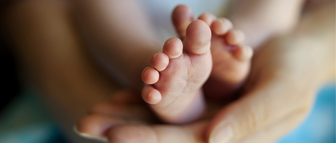 Newborn feet held in the palms of hands